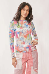 Davi & Dani Multi Printed Mesh Round Neck Long Sleeve Top PINK MULTI OutfitFlow