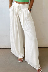 Flowy Wide Leg Pants with Drawstring Waist White OutfitFlow