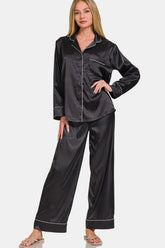 Zenana Satin Long Sleeve Shirt and Pants Pajama Set Black OutfitFlow