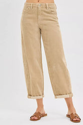 RISEN High Rise Crop Barrel Cordurory Pants TAN OutfitFlow