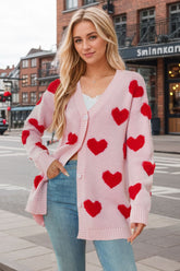 Heart Button Down Long Sleeve Cardigan Pink OutfitFlow