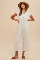 Annie Wear Button Detail Wide Leg Jumpsuit with Pockets Cream OutfitFlow