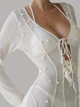 Pearl Detail Long Sleeve Knit Cover Up Dress White OutfitFlow