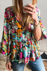 Floral Tie Neck Balloon Sleeve Blouse Floral OutfitFlow