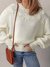 Flower Detail Round Neck Contrast Textured Puff Sleeve Sweater White OutfitFlow