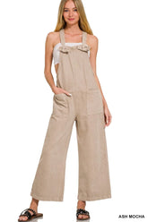 Zenana Washed Knot Strap Pockets Jumpsuit ASH MOCHA OutfitFlow