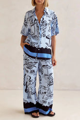 Printed Button Up Shirt and Pants Set Plus Size Light Blue OutfitFlow