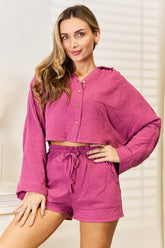Basic Bae Buttoned Long Sleeve Top and Shorts Set Fuchsia OutfitFlow