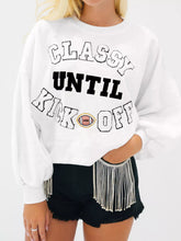 CLASSY UNTIL KICKOFF Plush Letter Patched Loose Sweatshirt White OutfitFlow