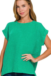 Zenana Woven Double Gauze Acid Washed Short Sleeve Top K GREEN OutfitFlow