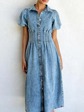Puff Sleeve Button Front Denim Midi Dress Blue OutfitFlow