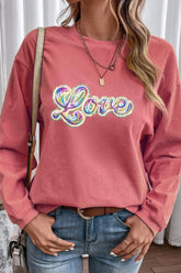 Valentine's Day LOVE Round Neck Long Sleeve Sweatshirt Burnt Coral OutfitFlow