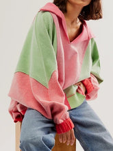 High-Low Exposed Seam Contrast Long Sleeve Sweatshirt Pink Green OutfitFlow