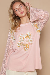 POL Flower Patch Lace Sleeve Knit Top Dusty Pink OutfitFlow