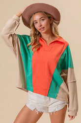 BiBi Colorblock Exposed Seam French Terry Sweatshirt APRICOT MINT SAND OutfitFlow
