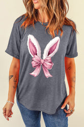 Bunny Ear Bow Graphic Short Sleeve T-Shirt Gray OutfitFlow