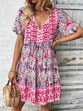 Printed Tie Neck Short Sleeve Dress Pink OutfitFlow