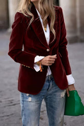 Lapel Collar One Button Blazer Burgundy OutfitFlow