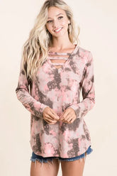 Tie Dye French Terry V-neck Top TAUPE MOCHA OutfitFlow