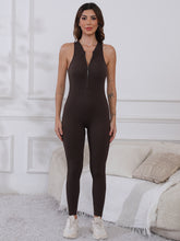 Half Zip Wide Strap Active Jumpsuit Coffee Brown OutfitFlow