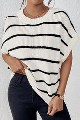 Striped Round Neck Sweater Vest White OutfitFlow