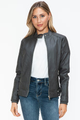 Snobbish Faux Leather Biker Jacket with Side Zip Pockets Charcoal OutfitFlow
