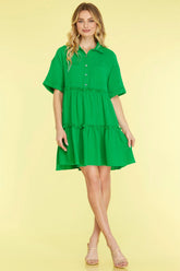 She + Sky Full Size Button Front Frill Tiered Mini Dress Plus Size Green OutfitFlow