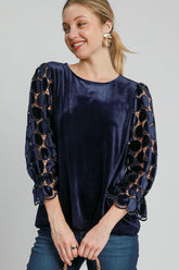 Umgee Polka Dot Lace Long Sleeve Round Neck Blouse Navy OutfitFlow