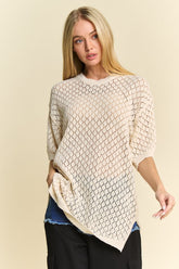Davi & Dani Side Slit Openwork Round Neck Half Sleeve Knit Cover Up CREAM BEIGE OutfitFlow