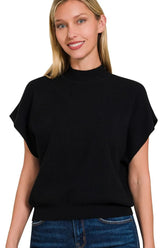 Zenana Mock Neck Short Dolman Sleeve Sweater BLACK OutfitFlow