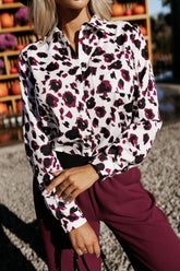 Printed Collared Neck Long Sleeve Shirt White OutfitFlow