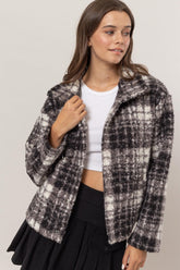 HYFVE Plaid Collared Neck Boucle Jacket with Pockets Black OutfitFlow