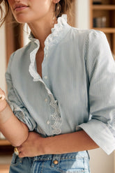 Lace Detail Striped Mock Neck Long Sleeve Shirt Stripe OutfitFlow