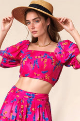 Davi & Dani Smocing Bodice Puff Short Sleeve Printed Crop Top CANDY PINK OutfitFlow