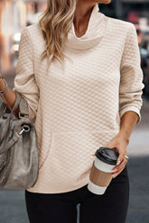 Textured Turtleneck Long Sleeve Sweatshirt Beige OutfitFlow