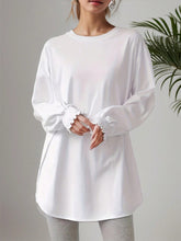 Smocked Cuff Round Neck Long Sleeve T-Shirt White OutfitFlow