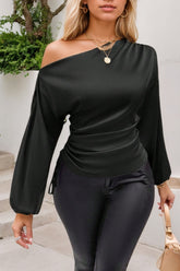 Drawstring One Shoulder Long Sleeve Blouse Black OutfitFlow