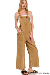 Zenana Washed Knot Strap Pockets Jumpsuit DEEP CAMEL OutfitFlow