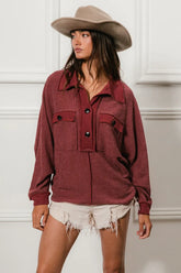 BiBi Cp French Terry Cut Edge Detail Collared Top MARSALA OutfitFlow