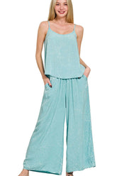 Zenana Woven Acid Crinkle Washed Cami & Pants 2 Piece Set DUSTY TEAL OutfitFlow