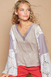 POL Lace Detail V-Neck Flare Sleeve Blouse Gray OutfitFlow