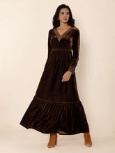 Lace Detail V-Neck Long Sleeve Maxi Dress Dark Brown OutfitFlow