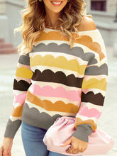 Wave Striped Balloon Sleeve Drop Shoulder Sweater Pastel Yellow OutfitFlow