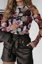 Floral Mock Neck Long Sleeve Mesh Top Black OutfitFlow