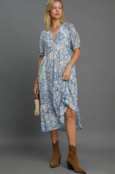 Umgee Full Size Printed Puff Short Sleeve Midi Dress Plus Size BLUE MIX OutfitFlow
