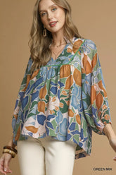 Umgee Multicolor Abstract Floral Print Blouse with Ruffle Neck GREEN MIX OutfitFlow