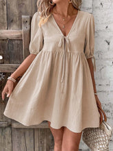 V-Neck Tie-Front Mini Dress with Puff Sleeves Khaki OutfitFlow