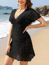 Openwork Plunge Short Sleeve Cover-Up Dress Black OutfitFlow