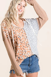 BiBi Popcorn Waffle Knit Hoodie with Print Block Front TAUPE MUSTARD OutfitFlow