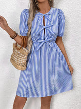 Perfee Tied Striped Short Sleeve Mini Dress Light Blue OutfitFlow